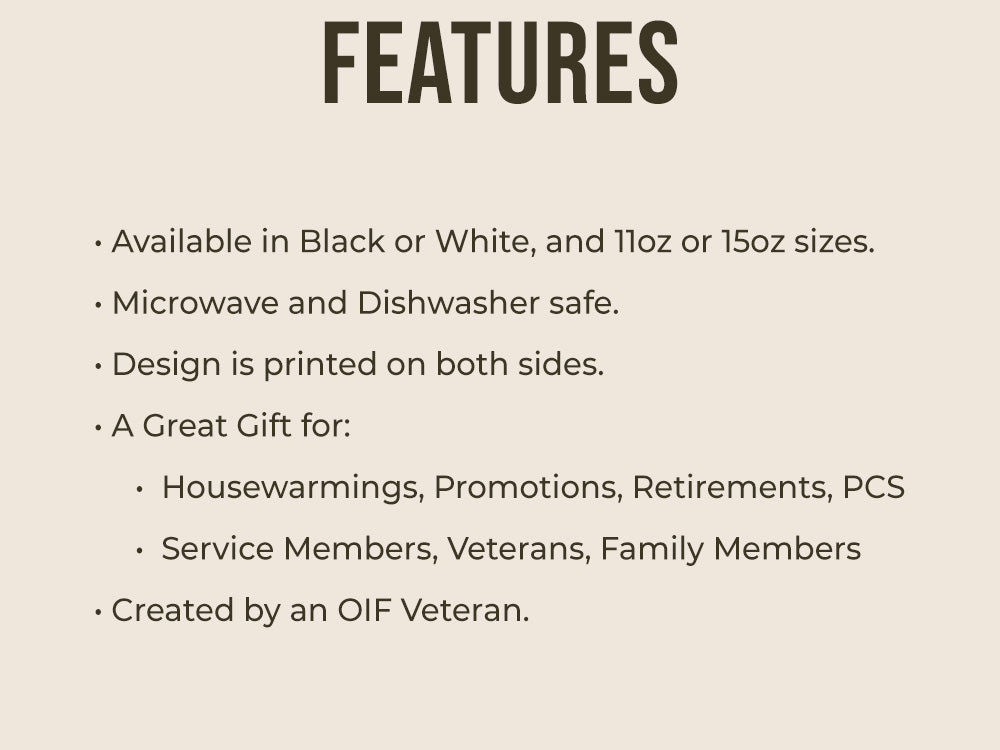 Features of a Unit Mug, including available colors and sizes